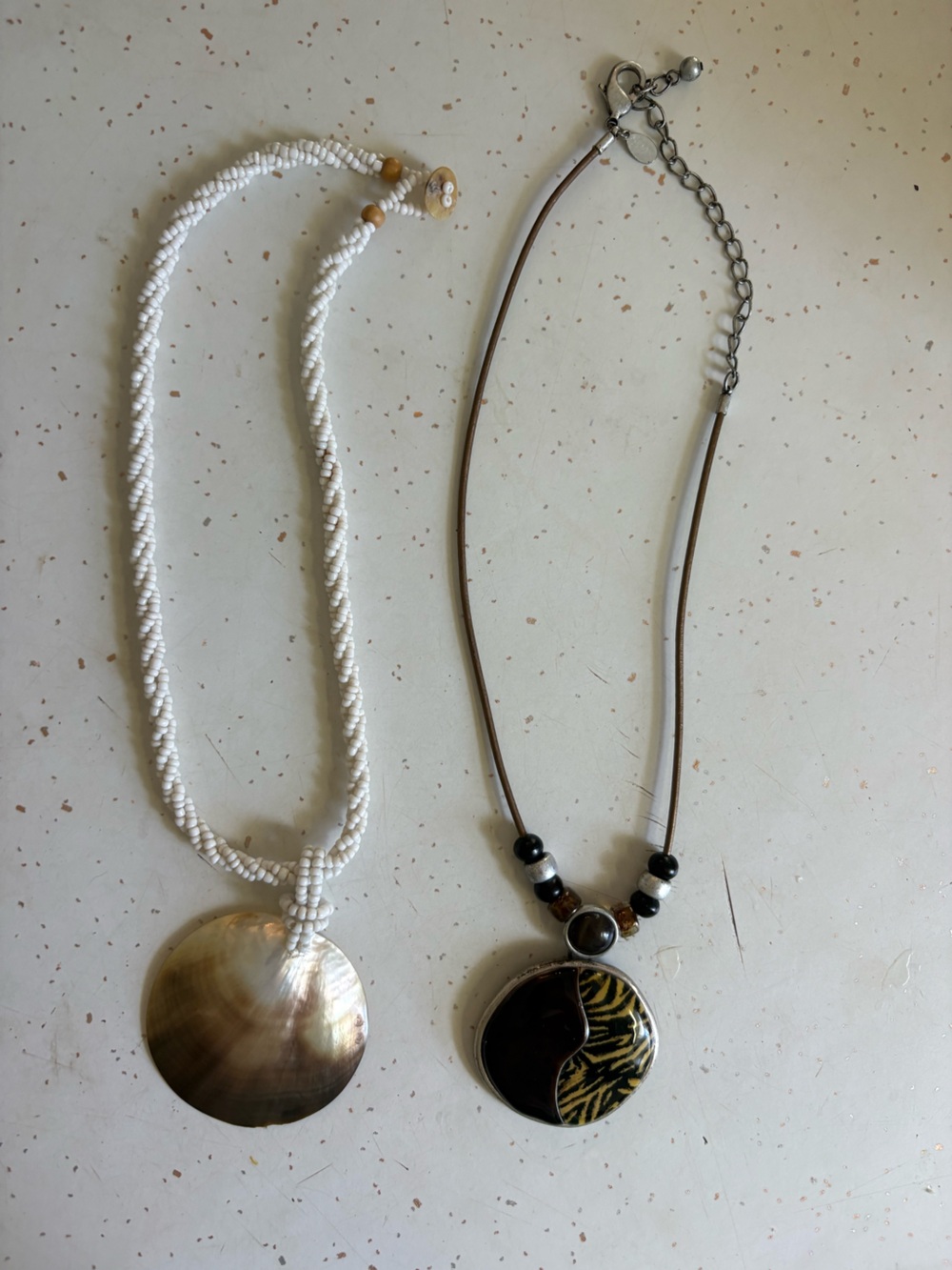 American Vintage White Beaded Necklace with Shell Disk & Brown Cord Pendant Set